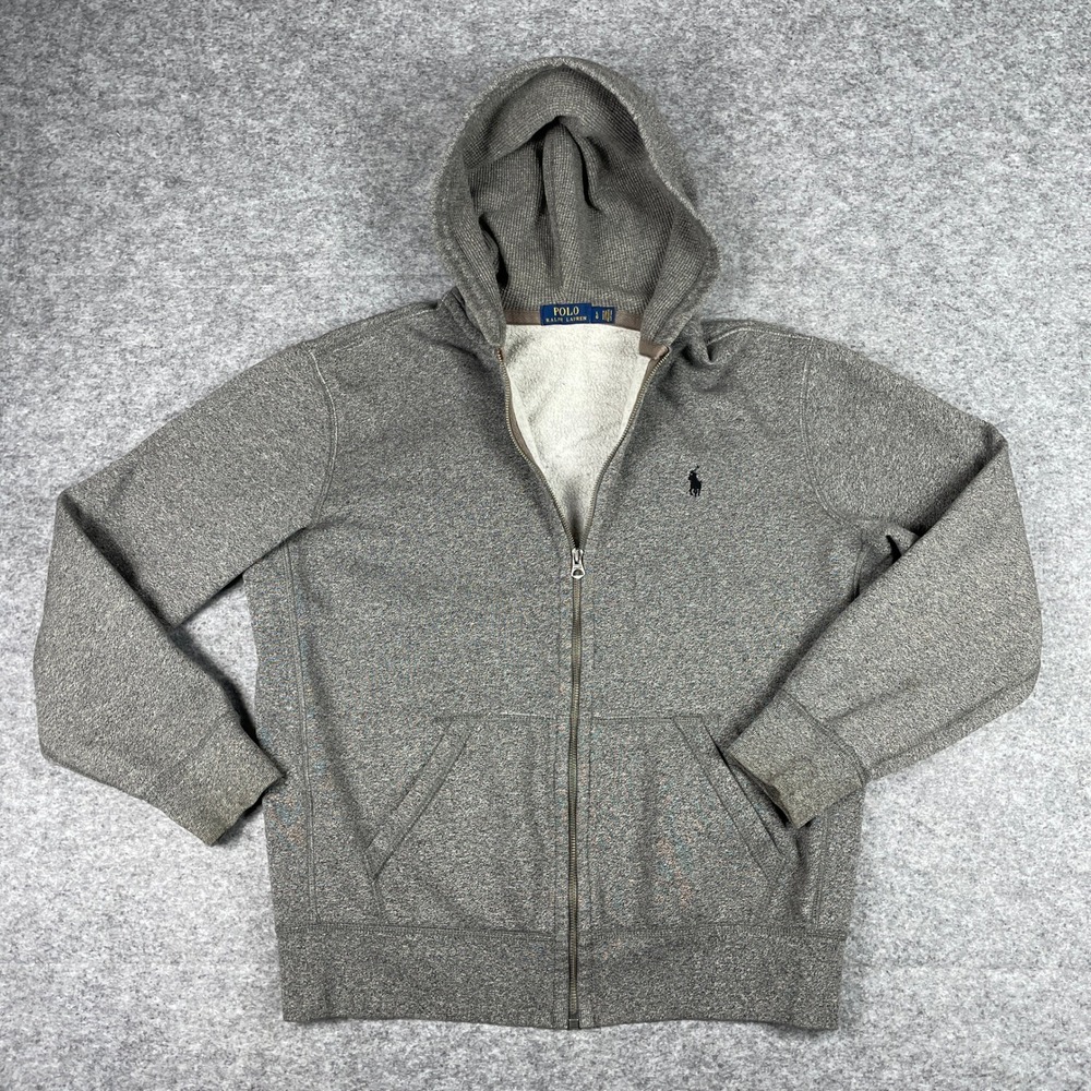 Polo Ralph Lauren Hoodie Mens L Grey Full Zip Fleece Lined Pony Jacket Preppy